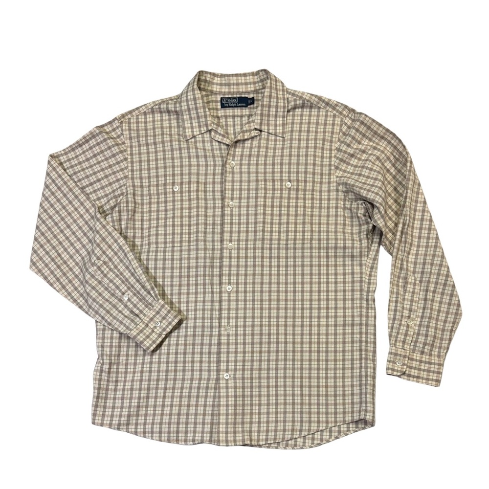 Polo Ralph Lauren mens L Large cream check plaid spread collar button up shirt